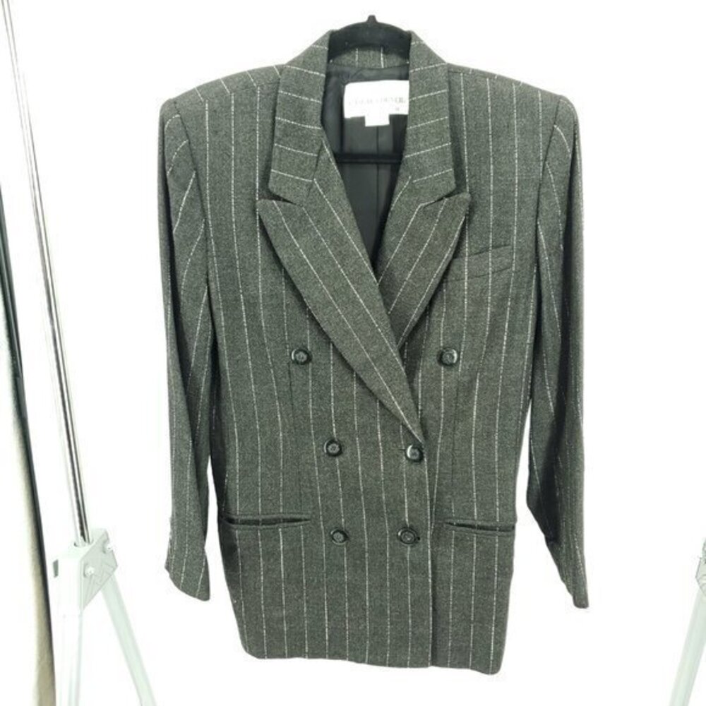 VTG 90s Casual Corner Double Breasted Long Line Pinstripe Blazer 8P Gray/White